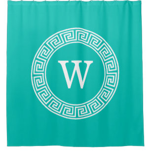 Cortina Para Chuveiro Monograma Inicial do Quadro-Chave Grego Teal What