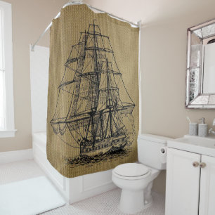 Cortina Para Chuveiro Navio Vintage Legal sobre burlap falso