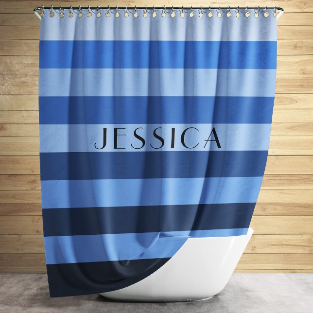 Cortina Para Chuveiro Nome Personalizado de Padrão de Strike Monocromáti (Blue Monochrome Striped Pattern Personalized Name Shower Curtain)