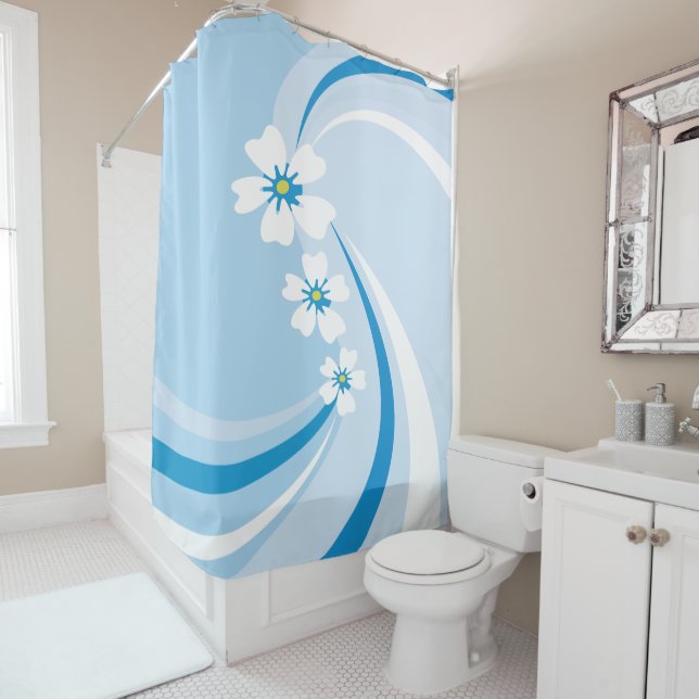 Cortina Para Chuveiro Ondas Azuis Modernas com Flores Sakura (In Situ)