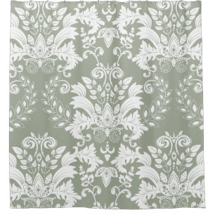 Cortina Para Chuveiro Ornamentado Verde Branco e Sage