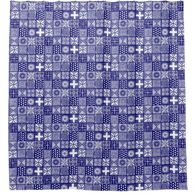 Cortina Para Chuveiro Padrão Adire - Azul profundo e branco (Frente)