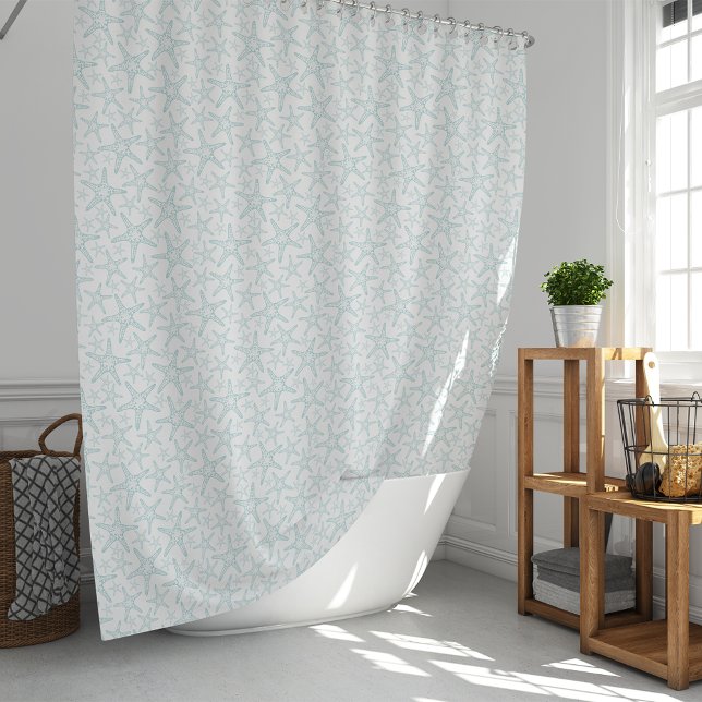 Cortina Para Chuveiro Padrão de Aqua e Starfish branco (Criador carregado)