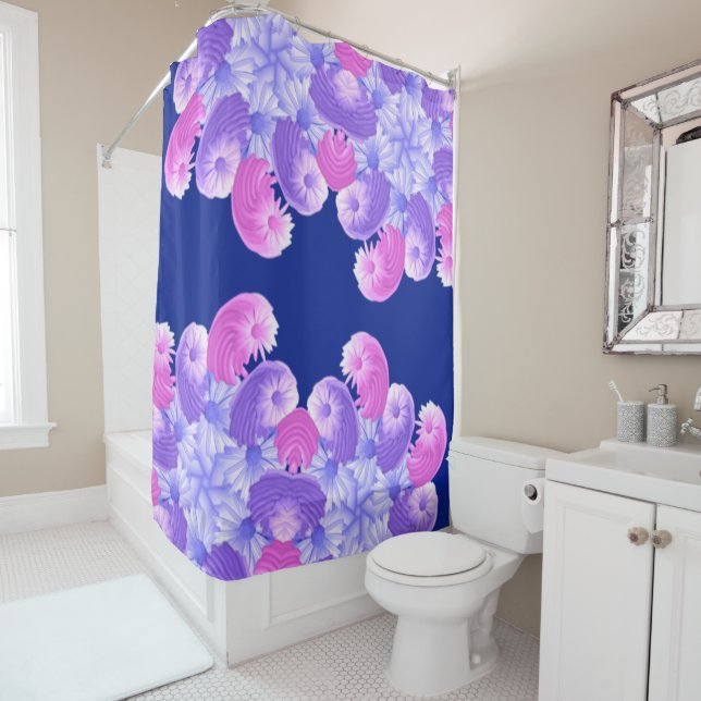 Cortina Para Chuveiro Padrão de Flor Rosa Roxa e Azul (In Situ)