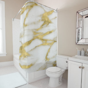 Cortina Para Chuveiro Padrão de Mármore Branco e Abstrato Dourado Elegan