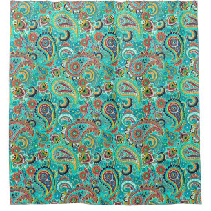 Cortina Para Chuveiro Padrão de Paisley Amarelo Azul-Claro Laranja