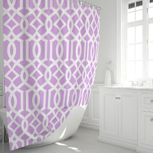 Cortina Para Chuveiro Padrão de Treliça Marroquina Roxo e Branco