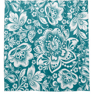 Cortina Para Chuveiro Padrão Floral Barroco Branco e Azul-Verde