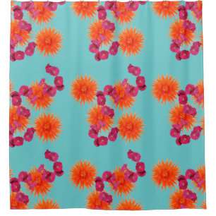 Cortina Para Chuveiro Padrão Floral Colorido Turquesa Azul Laranja Rosa