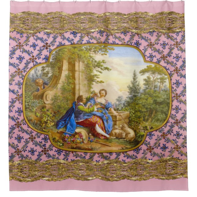 Cortina Para Chuveiro Padrão Francês Secreto Romance Barroco Girly (Frente)