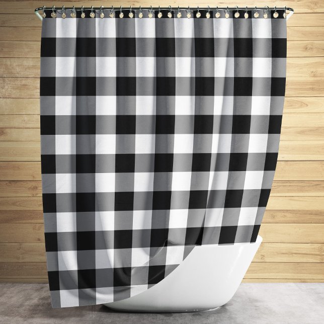 Cortina Para Chuveiro Padrão Xadrez Preto e Branco Gingham (Classic Black And White Plaid Gingham Shower Curtain)
