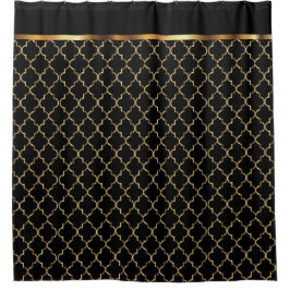 Cortina Para Chuveiro Padrões Elegantes Pretos e Dourados Quatrefoil