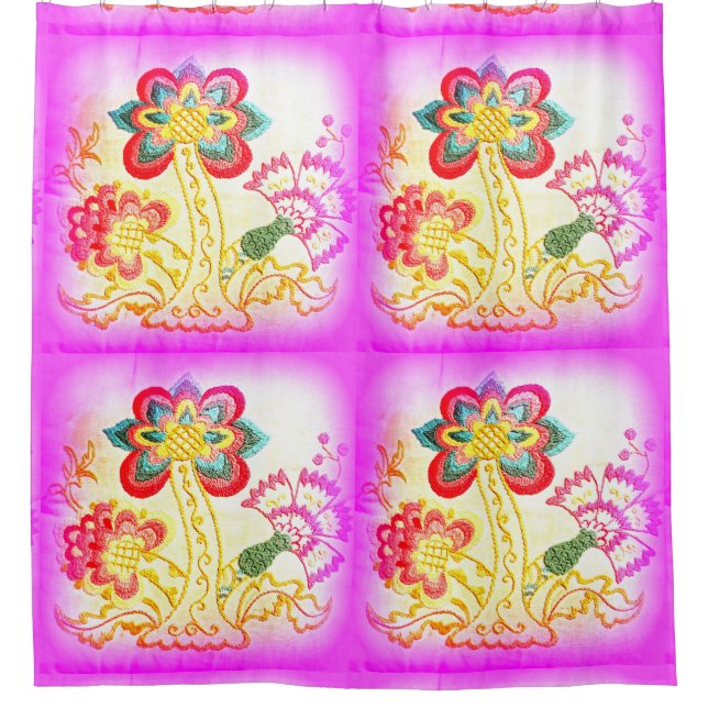 Cortina Para Chuveiro palmeiras bordadas rosa (Frente)