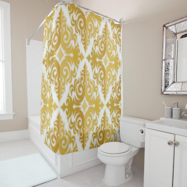 Cortina Para Chuveiro Papel de parede dourado e branco damasco (In Situ)