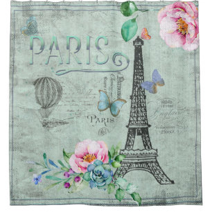 Cortina Para Chuveiro Paris-Eiffel Torre-Flor-Floral-Vintage-Rosas