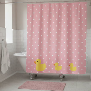 Cortina Para Chuveiro Patos de borracha nadando em Bolinhas cor-de-rosa