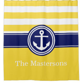 Cortina Para Chuveiro Pineapp Amarelo Azul Marinho Listra Náutica Âncora