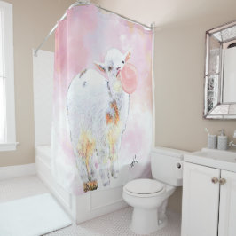 Cortina Para Chuveiro Pink Watercolor Adorable Baby Goat com Bubblegum
