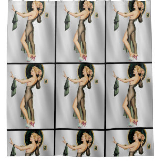 Cortina Para Chuveiro Pinup louro "sexy" do vintage na prata preta