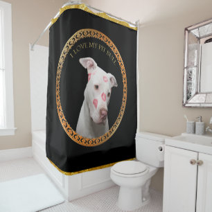 Cortina Para Chuveiro Pitbull branco com beijos do vermelho por todo o