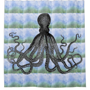 Cortina Para Chuveiro Polvo de Kraken no fundo do verde azul