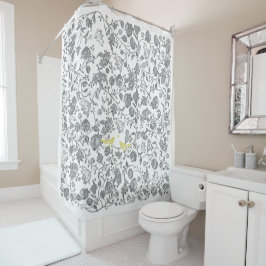 Cortina Para Chuveiro Prato Floral Branco Amarelo e Cinza