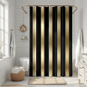Cortina Para Chuveiro Preto Vertical E Dourado Fundo Branco