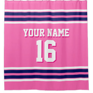 Cortina Para Chuveiro Rosa quente com tiras brancas de Marinho Jersey
