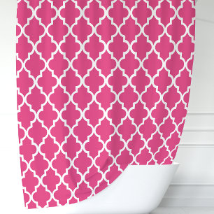 Cortina Para Chuveiro Rosa Vibrante e Branco Quatrefoil Marroquino
