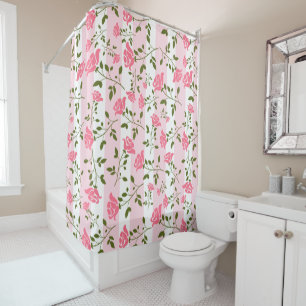 Cortina Para Chuveiro Rosas Rosa E Listras Rosa Fundo Branco