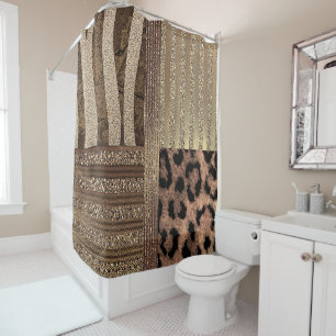 Cortina Para Chuveiro Safári Chique Leoa Selva Dourado Moderno Brilho