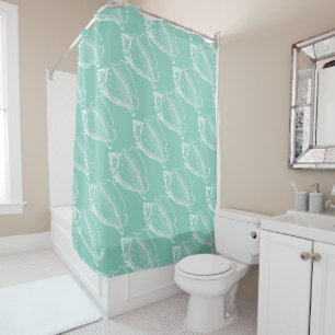 Cortina Para Chuveiro Seashell náutico branco no verde de Seafoam
