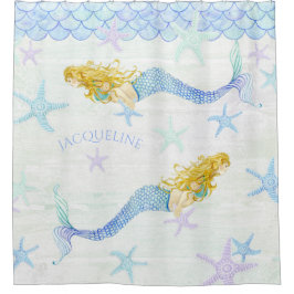 Cortina Para Chuveiro Sereia em Starfish Wooden Watercolor Beach Decor