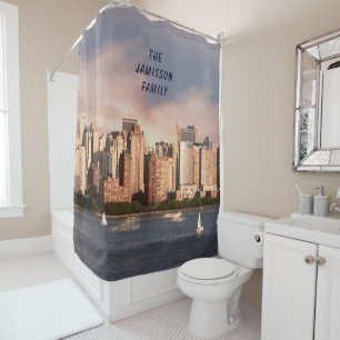 Cortina Para Chuveiro Skyline do Lower Manhattan de NYC com nome