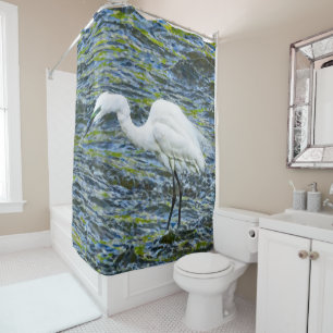 Cortina Para Chuveiro Snowy Egret com Arte Fractal Azul e Lago Verde