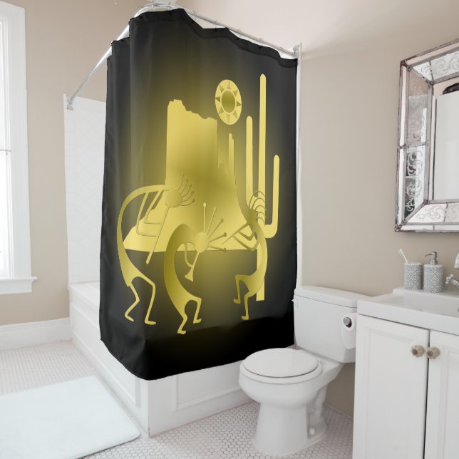 Cortina Para Chuveiro Sudoeste Kokopelli em Preto e Dourado (In Situ)