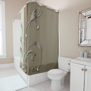 Cortina Para Chuveiro Taupe e verde com videira & borboleta de Swirly