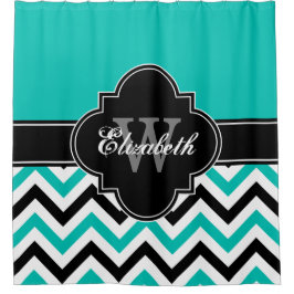Cortina Para Chuveiro Teal Branco Preto LG Chevron 1ICBR Nome Monograma