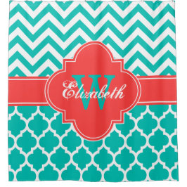 Cortina Para Chuveiro Teal White Coral Red Marroquino #5 Chevron 1IQRN