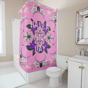 Cortina Para Chuveiro Tenha um bom dia, bebê rosa, motif floral roxo