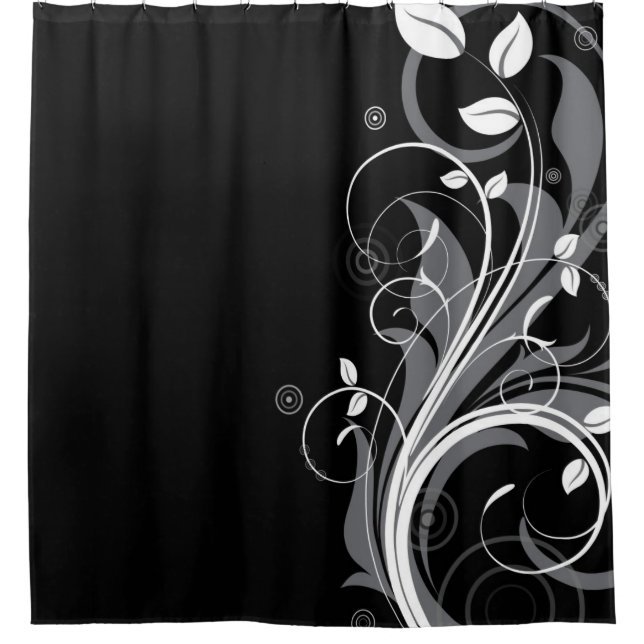 Cortina Para Chuveiro Teste padrão floral cinzento no preto (Frente)