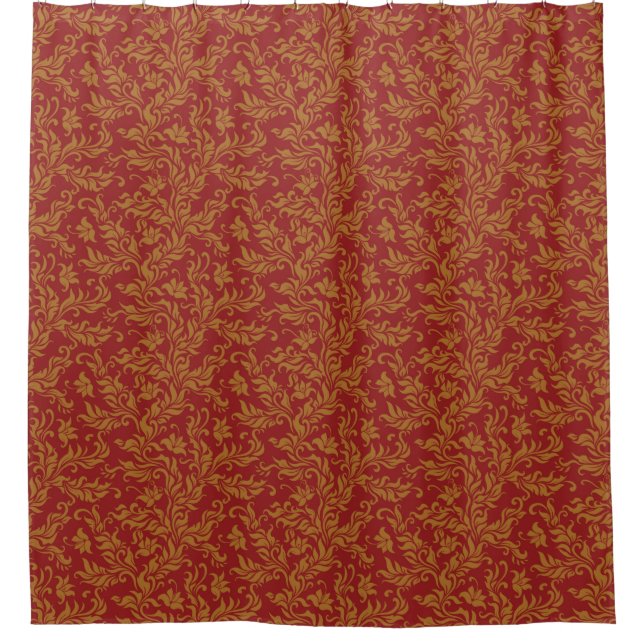 Cortina Para Chuveiro Teste padrão floral vermelho e Dourado (Frente)