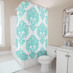 Cortina Para Chuveiro Têxtil Azul Aqua e Branco Glamour Real Damasco