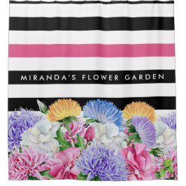 Cortina Para Chuveiro Trendy Pink e Black Floral Strips Com Nome