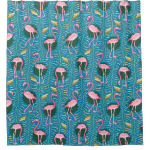 Cortina Para Chuveiro Tropical Dourado azul das samambaias dos pássaros