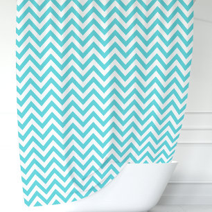 Cortina Para Chuveiro Turquesa Azul e Branco Chevron