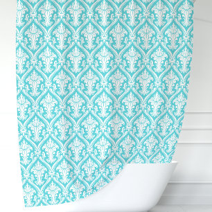 Cortina Para Chuveiro Turquesa Azul e Branco Damasco