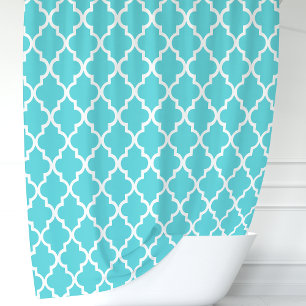 Cortina Para Chuveiro Turquesa e Branco Quatrefoil Marroquino