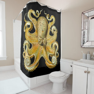 Cortina Para Chuveiro Único grande design Dourado de Kraken do calamar