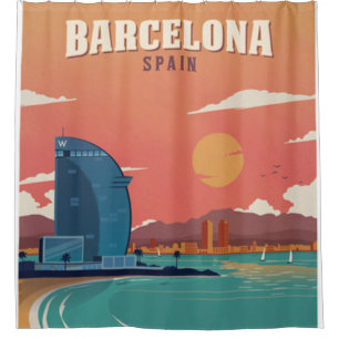 Cortina Para Chuveiro Vintage Barcelona Beach Poster